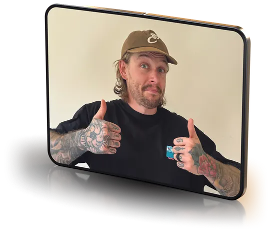 Connor from Conzilla Tech giving a thumbs up on the open screen of a foldable phone